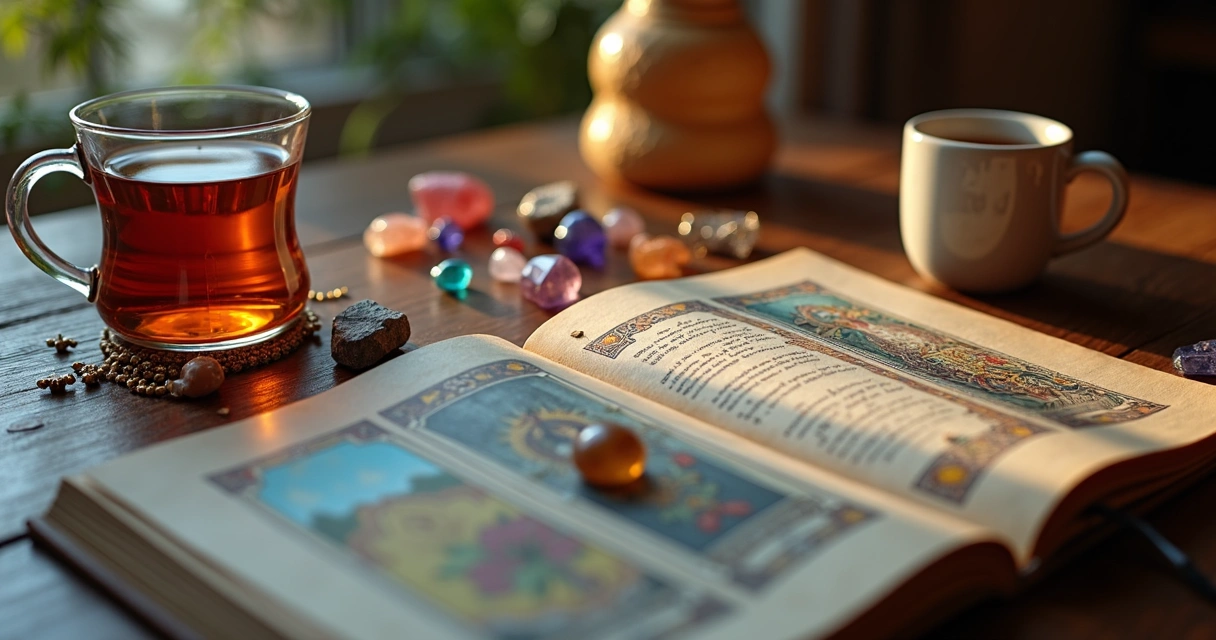 Tarot cards, crystals, and a journal on a table 