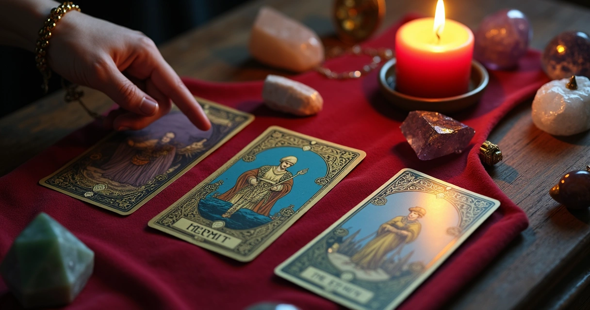 Tarot reading session with cards, crystals, and candlelight 