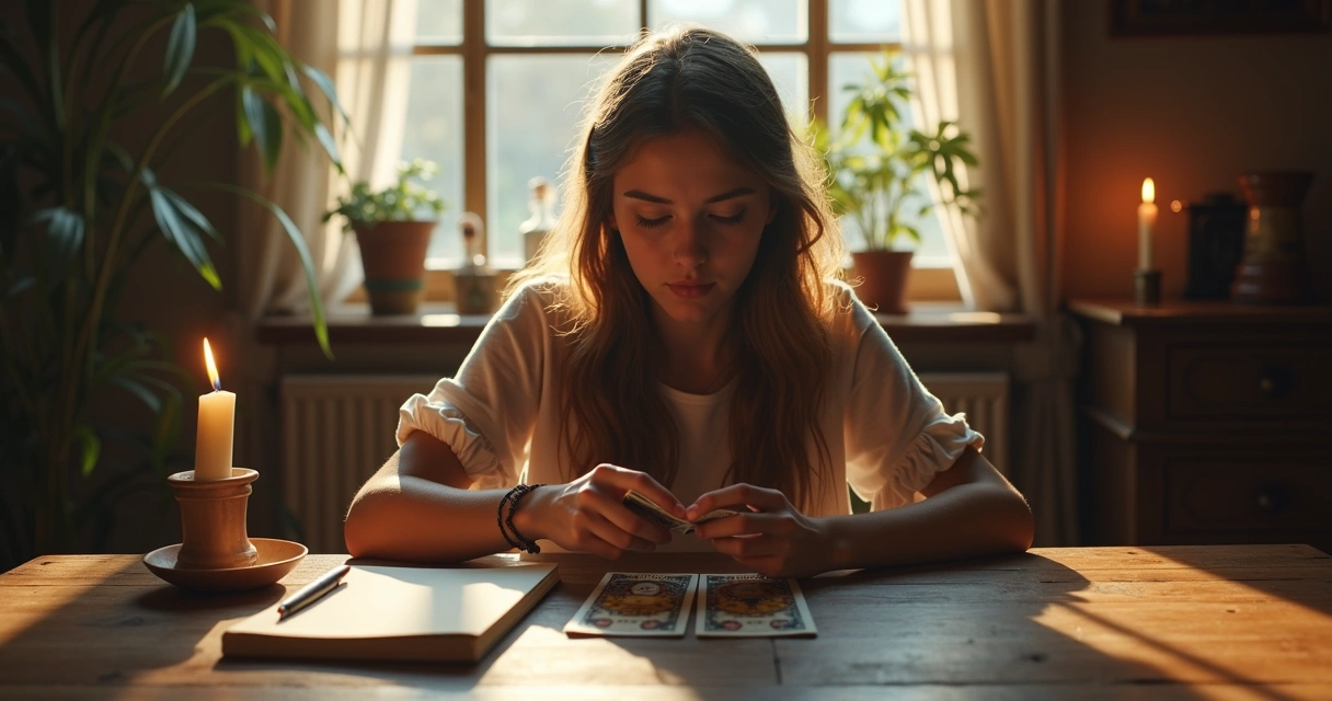 Beginner shuffling tarot cards before a reading 