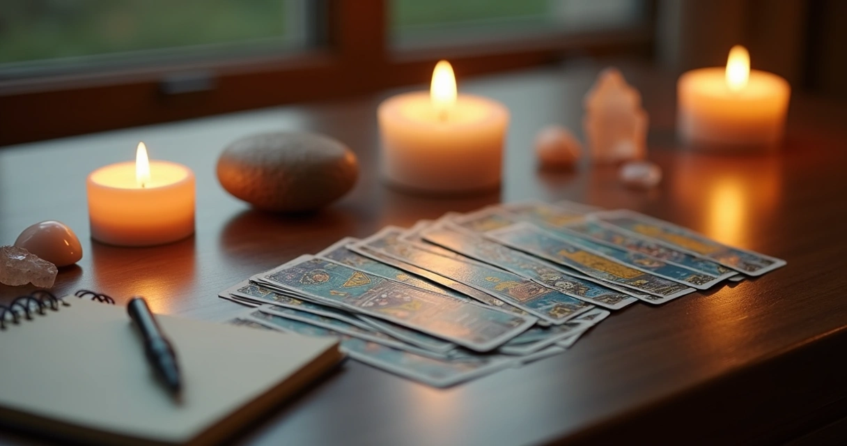 Tarot cards laid out on a wooden table with soft candlelight and crystals around 