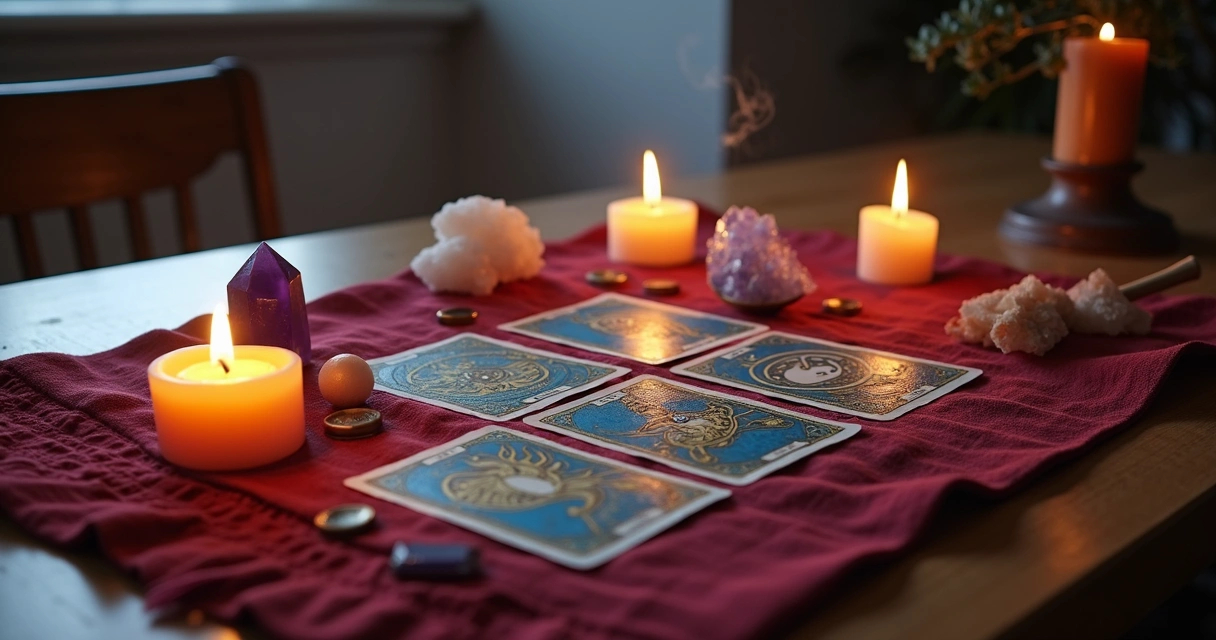 Tarot cards laid out on a decorative cloth with candles and crystals around 