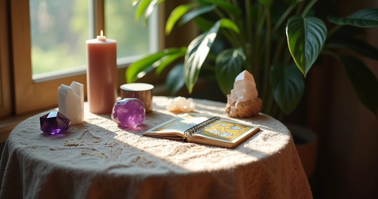 Cozy tarot reading space with crystals and candle 