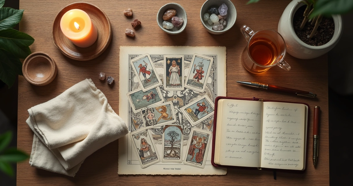 Prepared Tarot reading table with cards, candle, journal, and soft morning light 