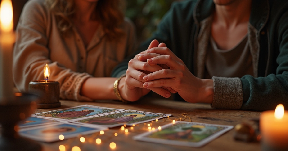 Simbolismo das cartas de tarot ao redor de casal sorridente 