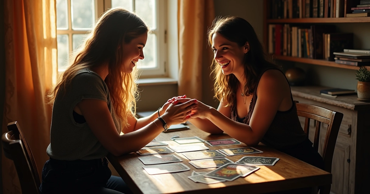 Tarot reader and client rejoicing, session completion 
