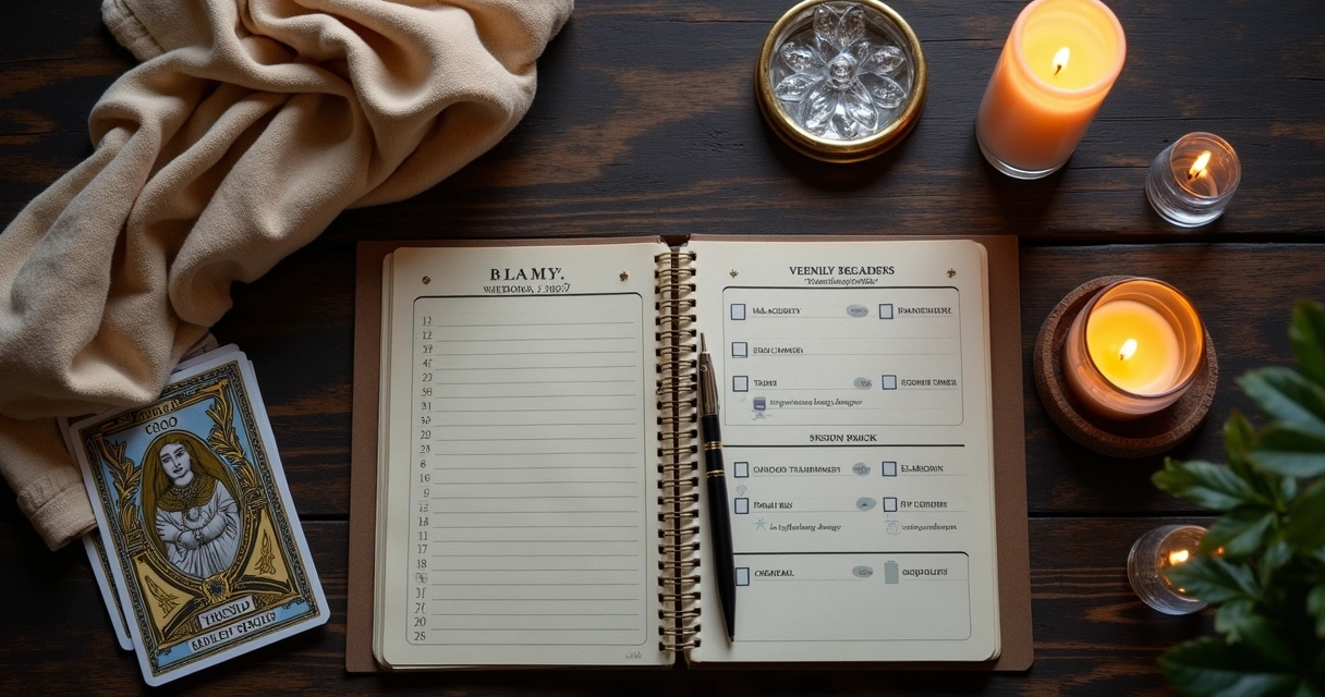 Tarot reading desk with planner, cards, candle, and notebook 