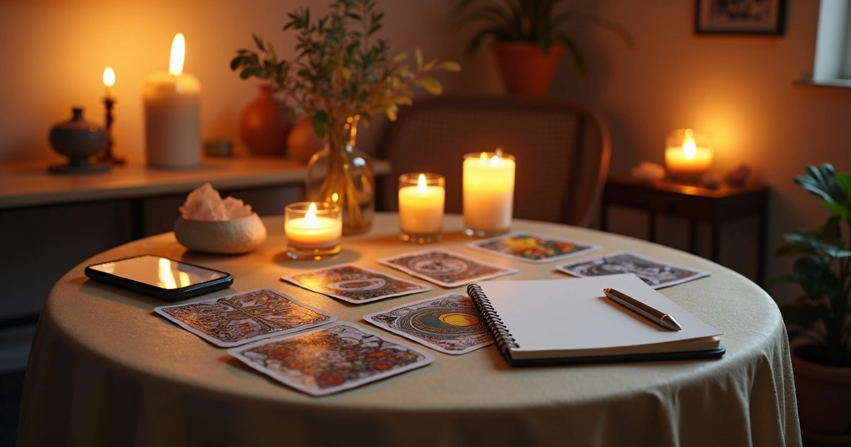 Cozy tarot session setup with candles, cards, and soft lighting 