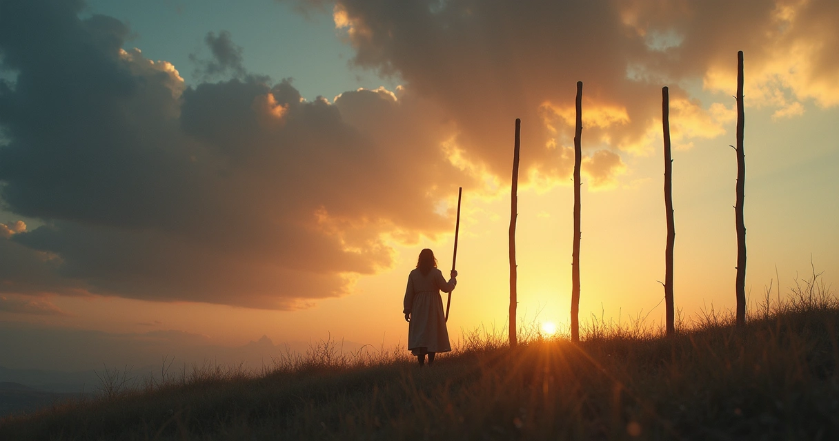 Person standing on hill holding a wooden wand in defense against six ascending wands in a dramatic sky 