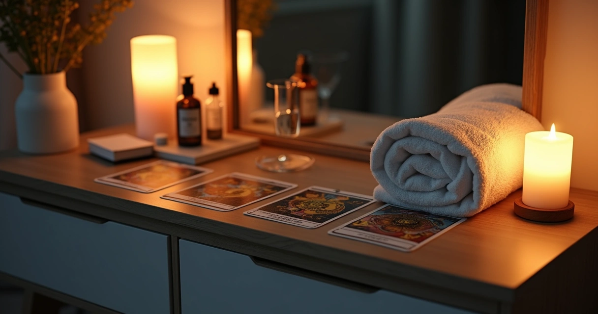Cartas de tarot dispostas ao lado de produtos de skincare em frente ao espelho 