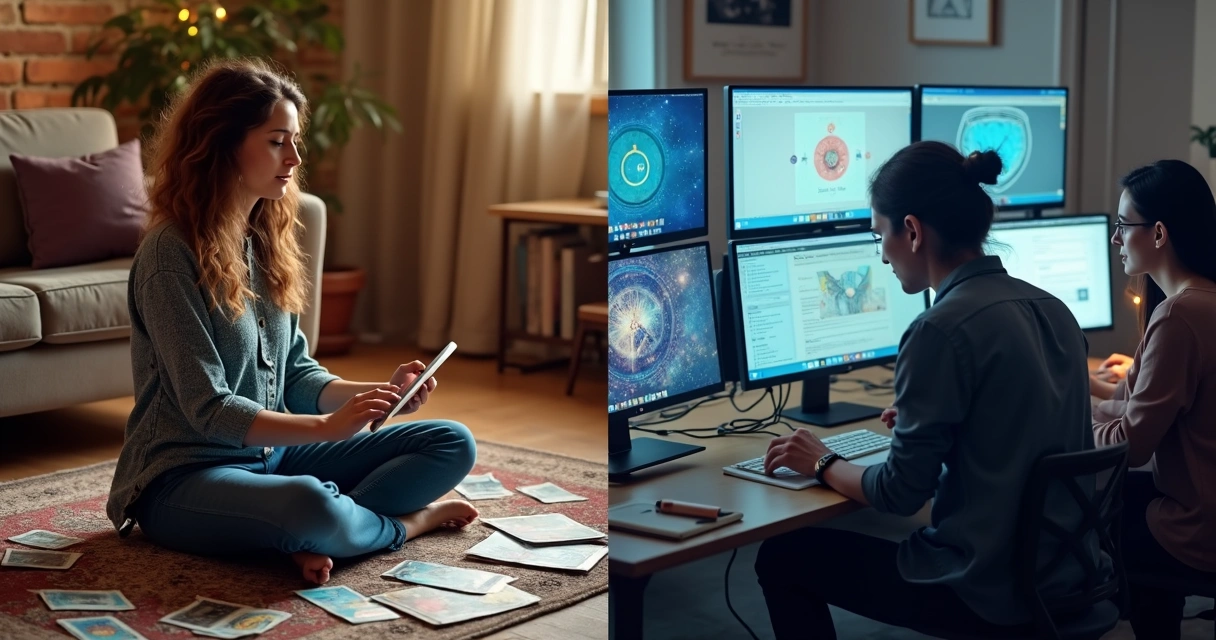 Split image showing DIY tarot blogging and professional content team 