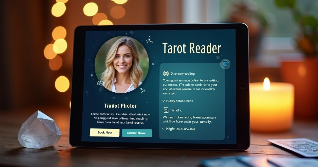 Tablet displaying a tarot reader's social media profile with booking options 