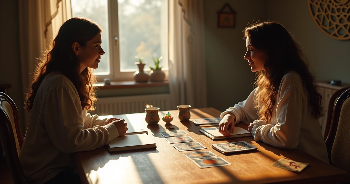 Two people discussing spiritual tarot spread at a wooden table 