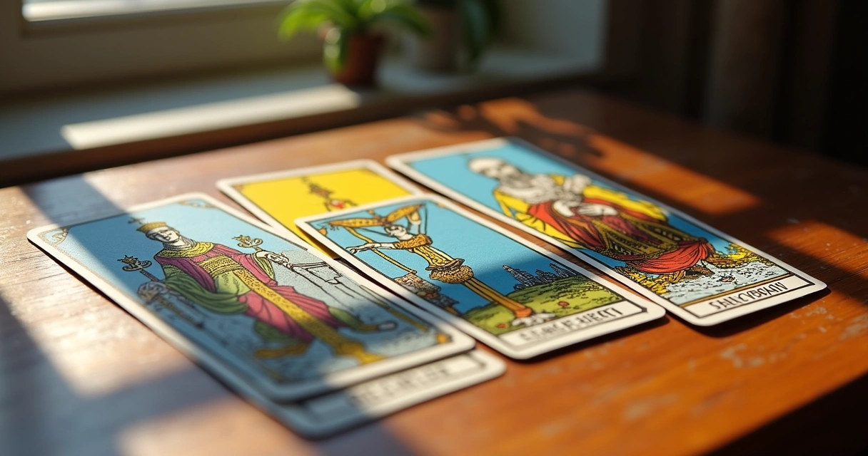 Tarot cards Justice, Emperor, Hierophant, and Magician arranged in a spread 