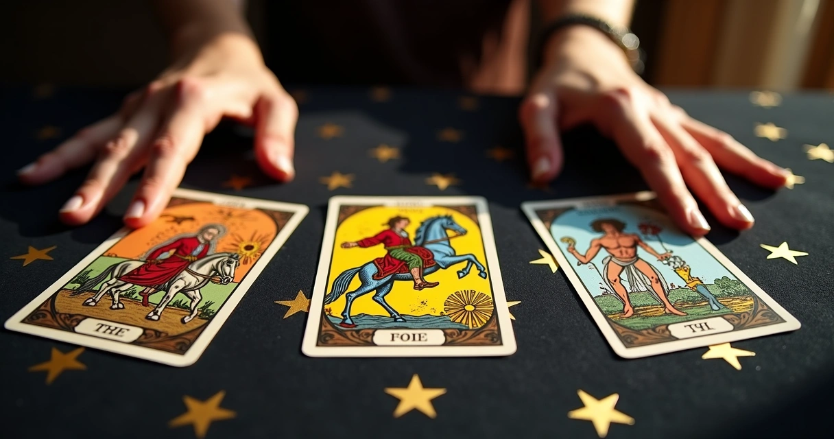 Tarot card spread with The Chariot, The Fool, and The Lovers 