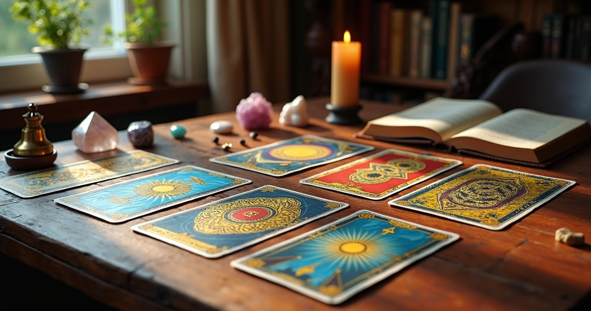 Top view of various tarot spreads laid out on a wooden table with cards arranged in one, three, five, and Celtic Cross layouts 