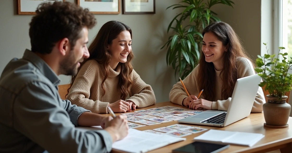 Three people studying tarot together online via video call. 