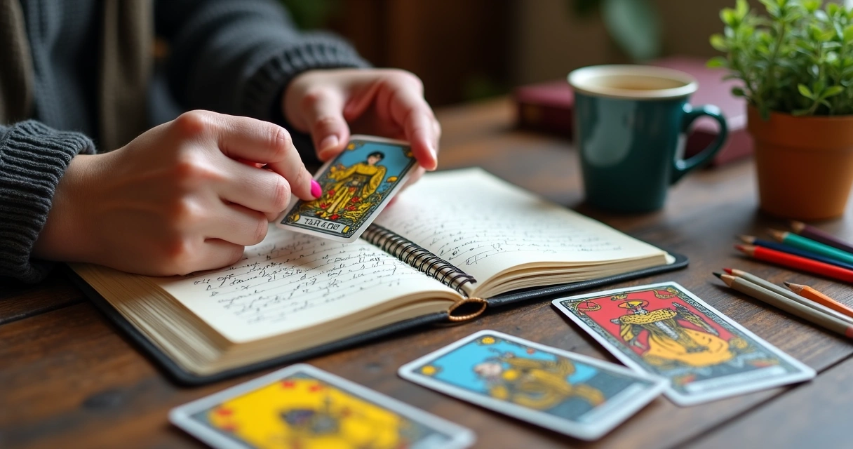 Tarot reader studying cards with notebooks open 
