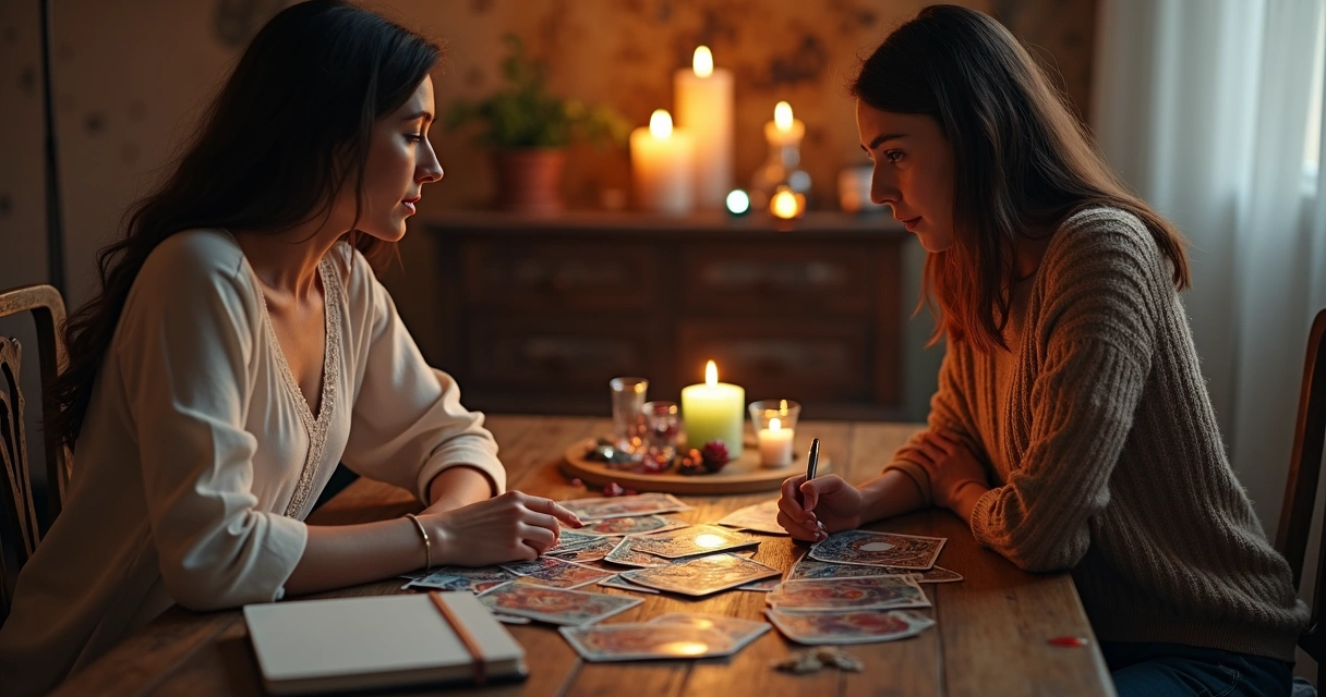 Tarot reader and client discussing questions at a table 