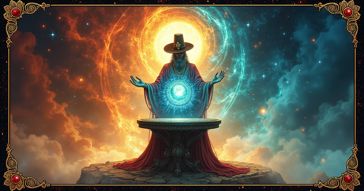 The Magician tarot card with vibrant symbols of manifestation, a magician standing before a table with elements of earth, air, fire, water, and mystical energy swirling around 