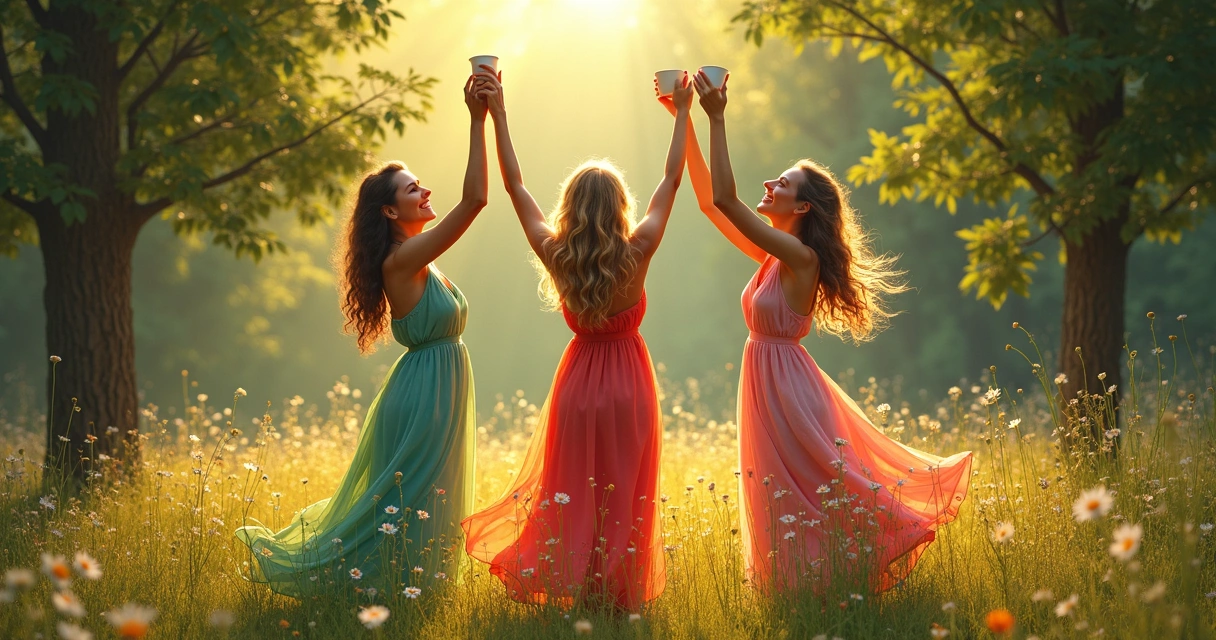Three women celebrating with cups raised in a circle 