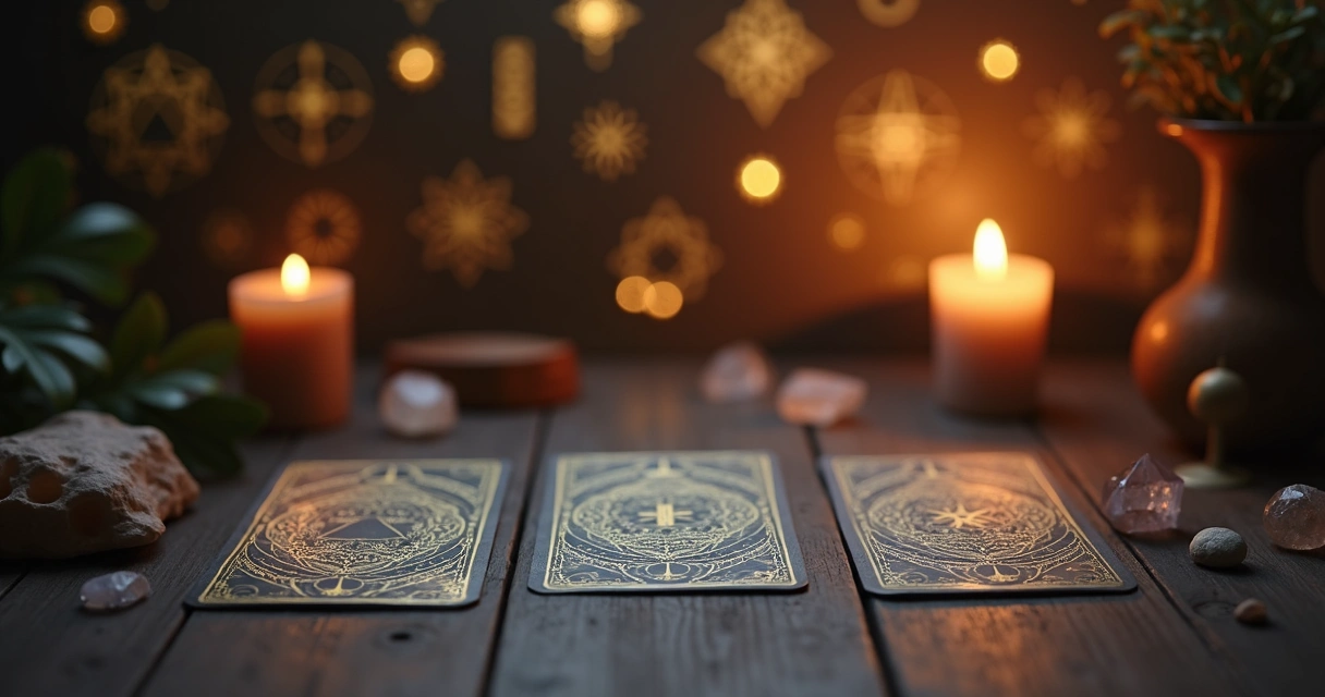 Mesa de madeira escura com três cartas de tarot abertas lado a lado, ambiente iluminado por luz dourada