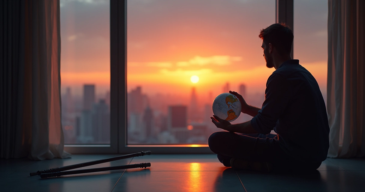 Person holding a globe near a window, gazing at a city landscape