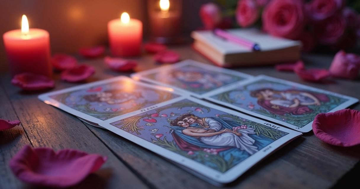 Baralho de tarot aberto com velas acesas ao lado 