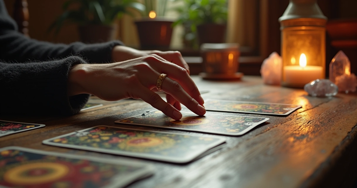 Mesa de tarô com cartas dispostas, luz suave e cristais ao lado.