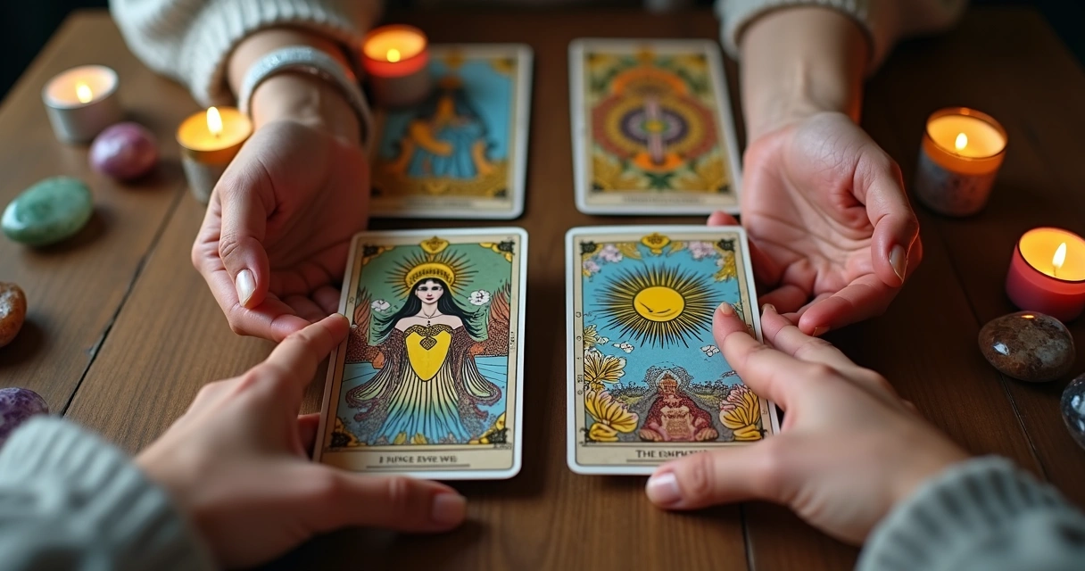 Two hands holding tarot cards on the left and oracle cards on the right, both on a wooden table 