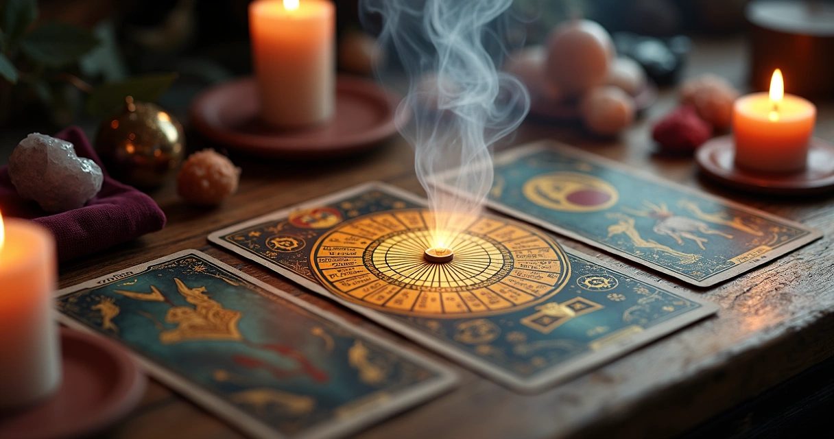 Tarot spread on a wooden table, Wheel of Fortune card at the center amid other cards and burning incense 