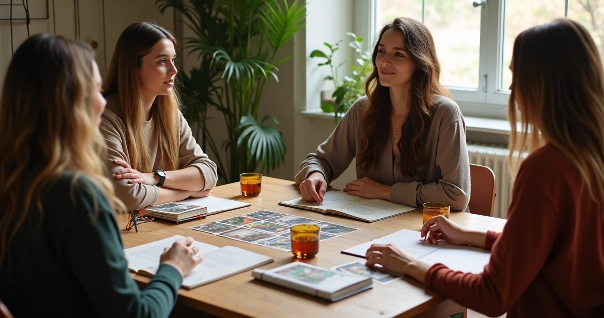 Tarot readers in a workshop circle with cards and notebooks 