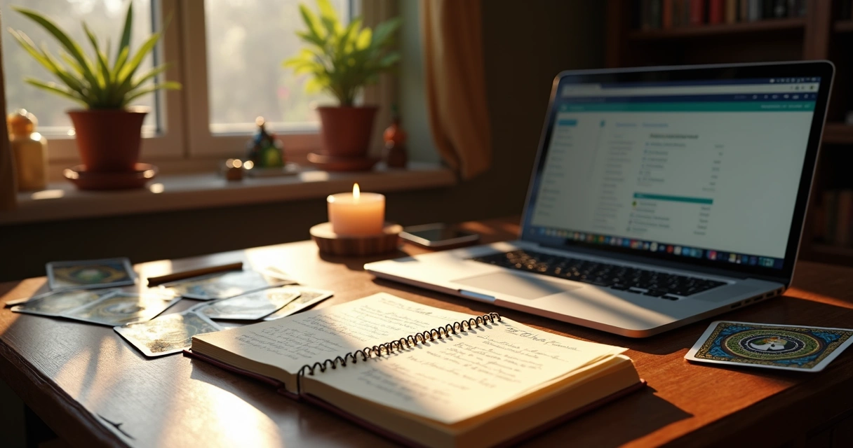Tarot cards, notebook, and a laptop on a wooden desk 