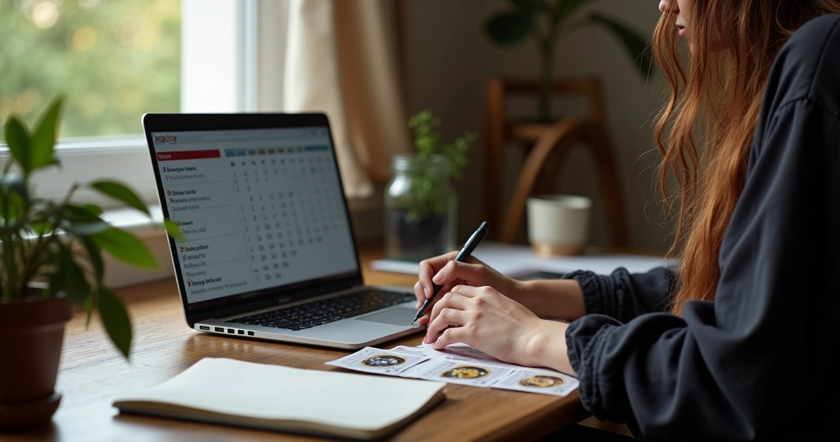 Tarot reader using a laptop and notebook 