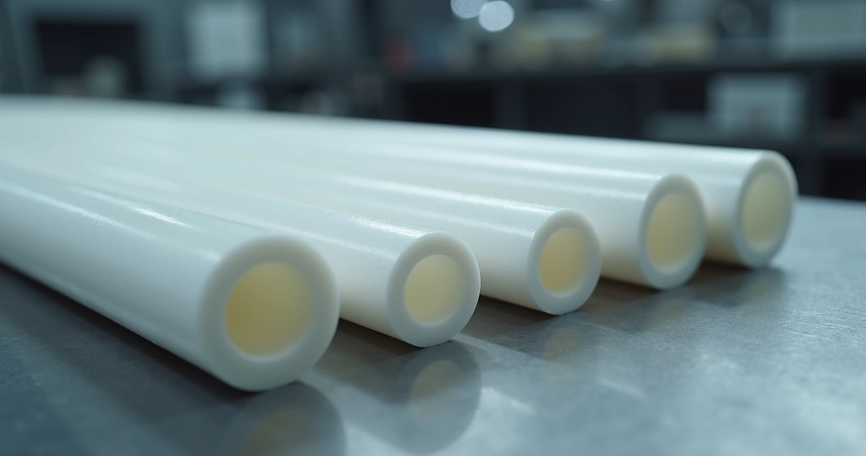 Barras de teflon em diferentes diâmetros e comprimentos alinhadas em bancada industrial 