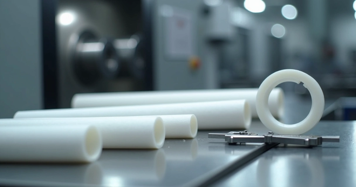 Tarugos de PTFE e peça usinada em bancada industrial 