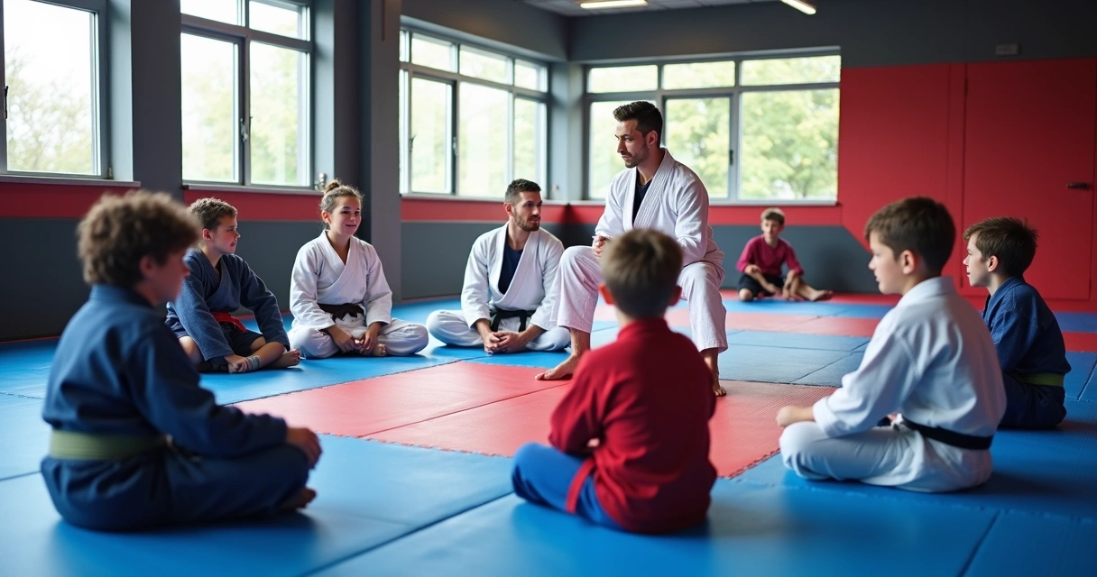 Aula coletiva de Jiu-Jitsu em academia moderna, tatame vermelho e azul, instrutor orientando crianças e adultos 