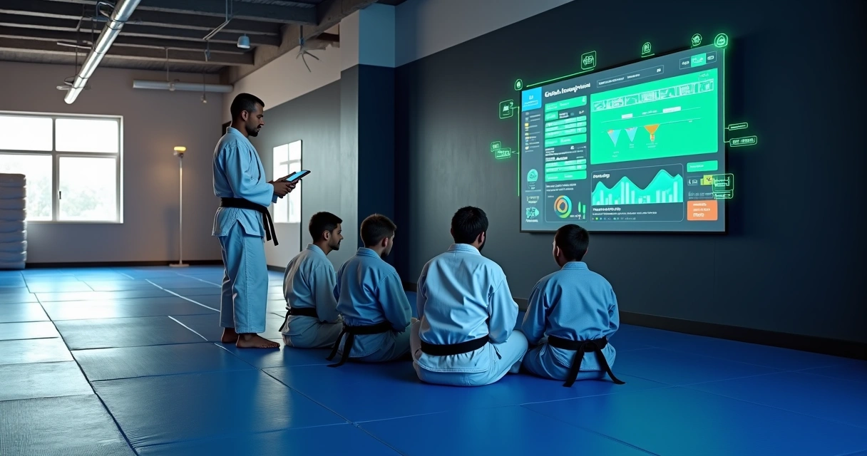 Professor de Jiu-Jitsu orientando alunos em frente a um grande painel digital na academia 