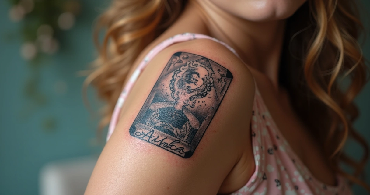 Tatuagem de tarot em braço feminino com elementos místicos 