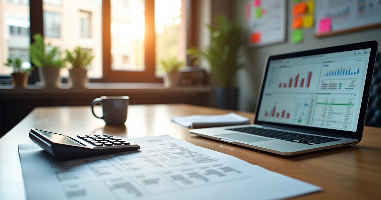 Tax advisor desk with paperwork and calculator 