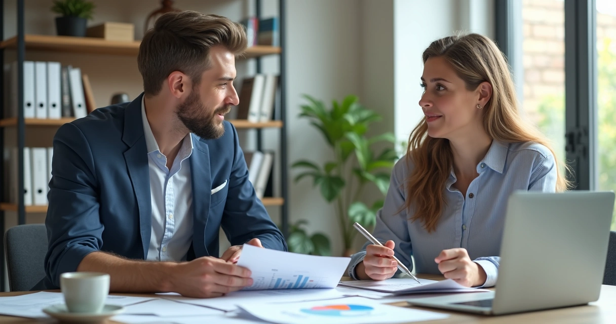 Tax consultant meeting with small business owner at modern office desk 