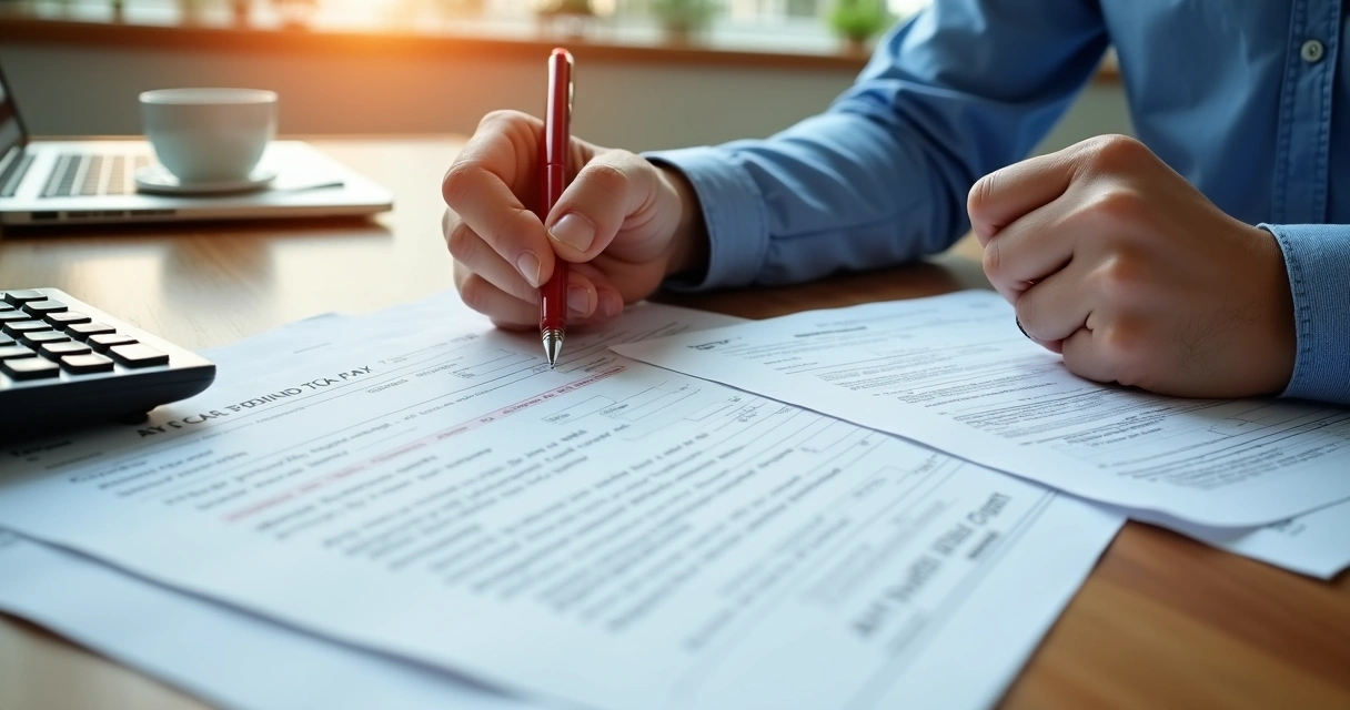 Person reviewing tax documents with calculator and laptop on wooden desk 