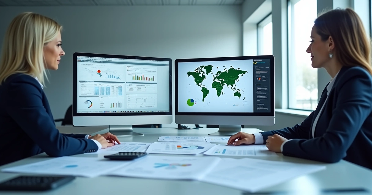 Finance team reviewing transfer pricing documents on screens and paper 