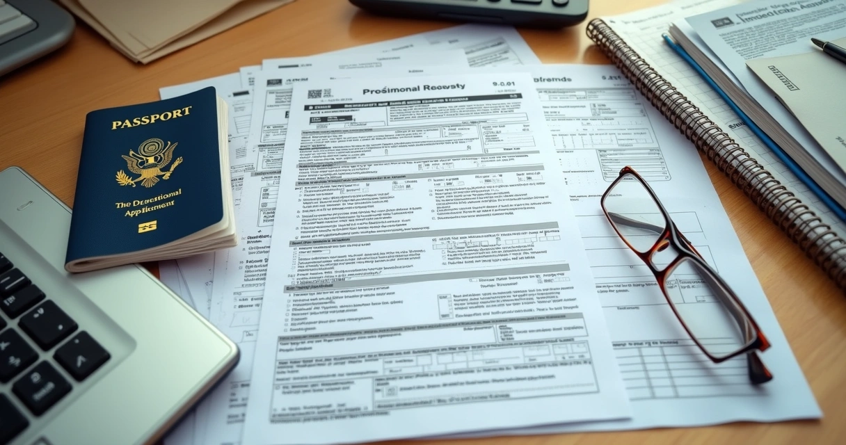 Tax forms and passport on a desk