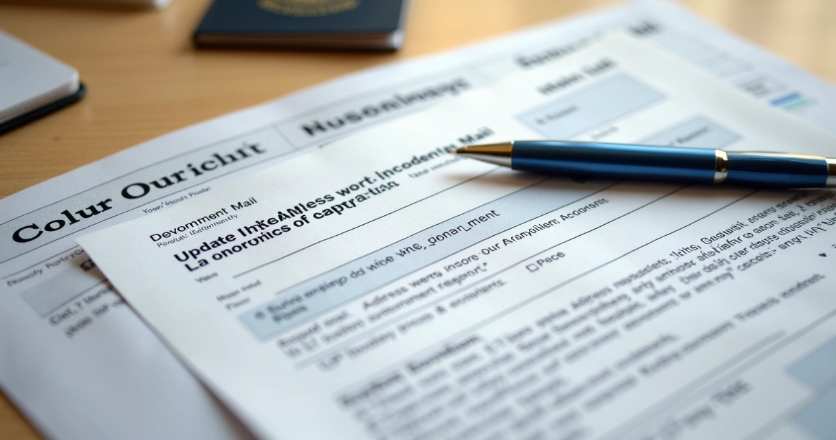 Tax documents, envelope, and address change form on desk 