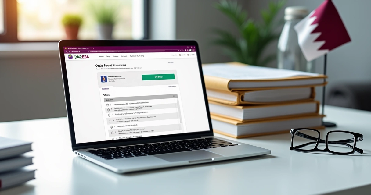 Laptop showing Qatar's Dhareeba tax portal beside tax folders and Qatar flag 