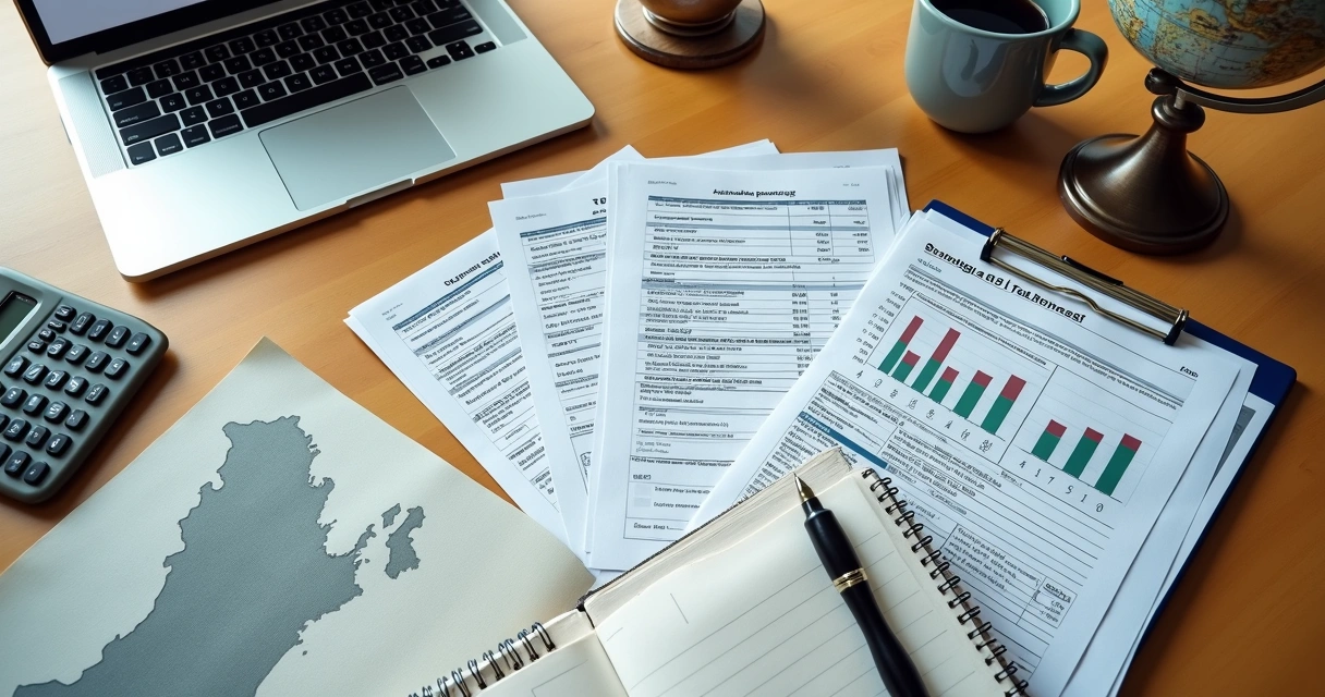Overhead view of desk with U.S. tax documents, calculator, and world map 