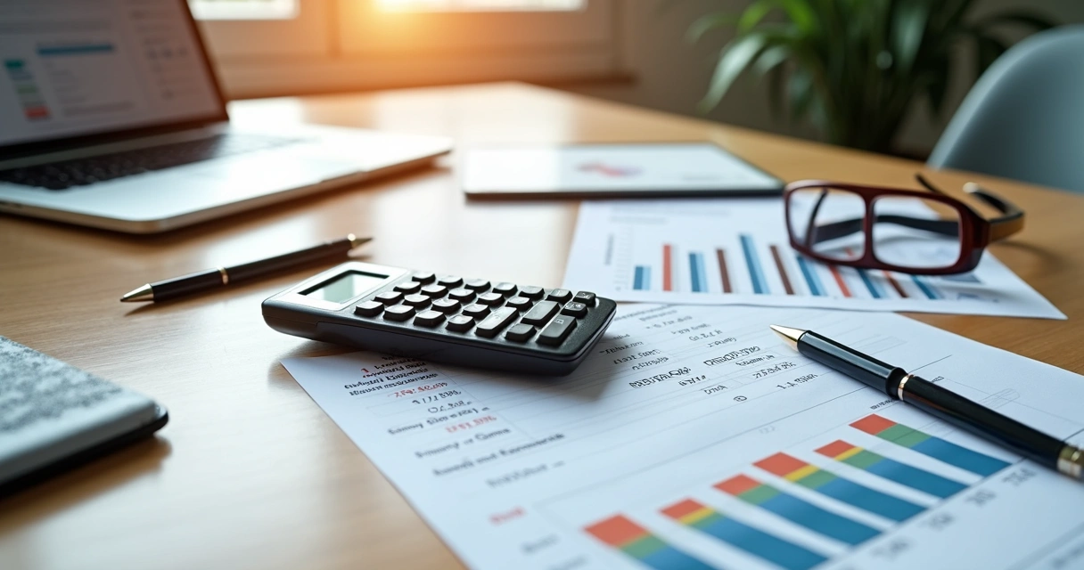 Calculadora sobre mesa de escritório com documentos e gráficos financeiros coloridos ao redor 