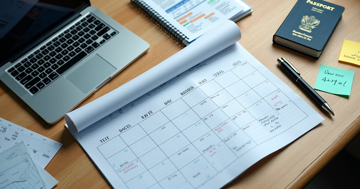 Calendar, passport, and tax notes on a desk 