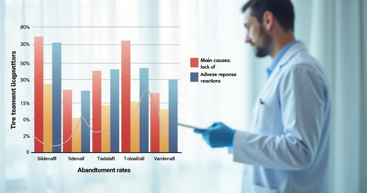 Gráfico mostrando taxas de abandono em tratamentos de disfunção erétil, com barras para diferentes medicamentos e causas principais 