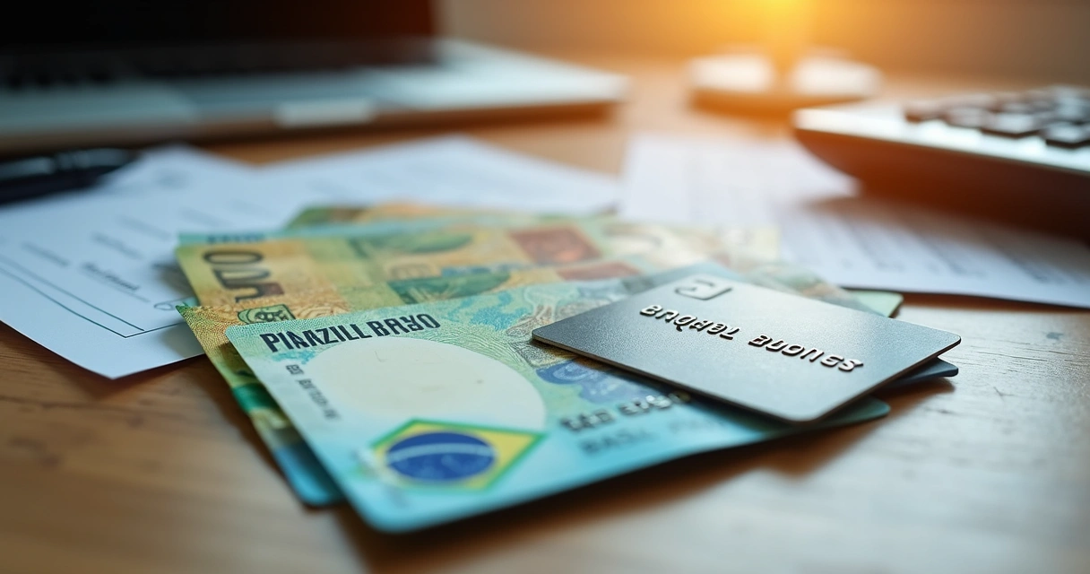 Notas de dinheiro sobre uma mesa, com um cartão de crédito e papéis de relatório de vendas 